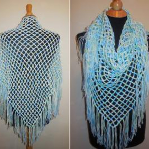 Crochet Shawl Fringed NEW Handmade Pastel Blue - Picture 1 of 6